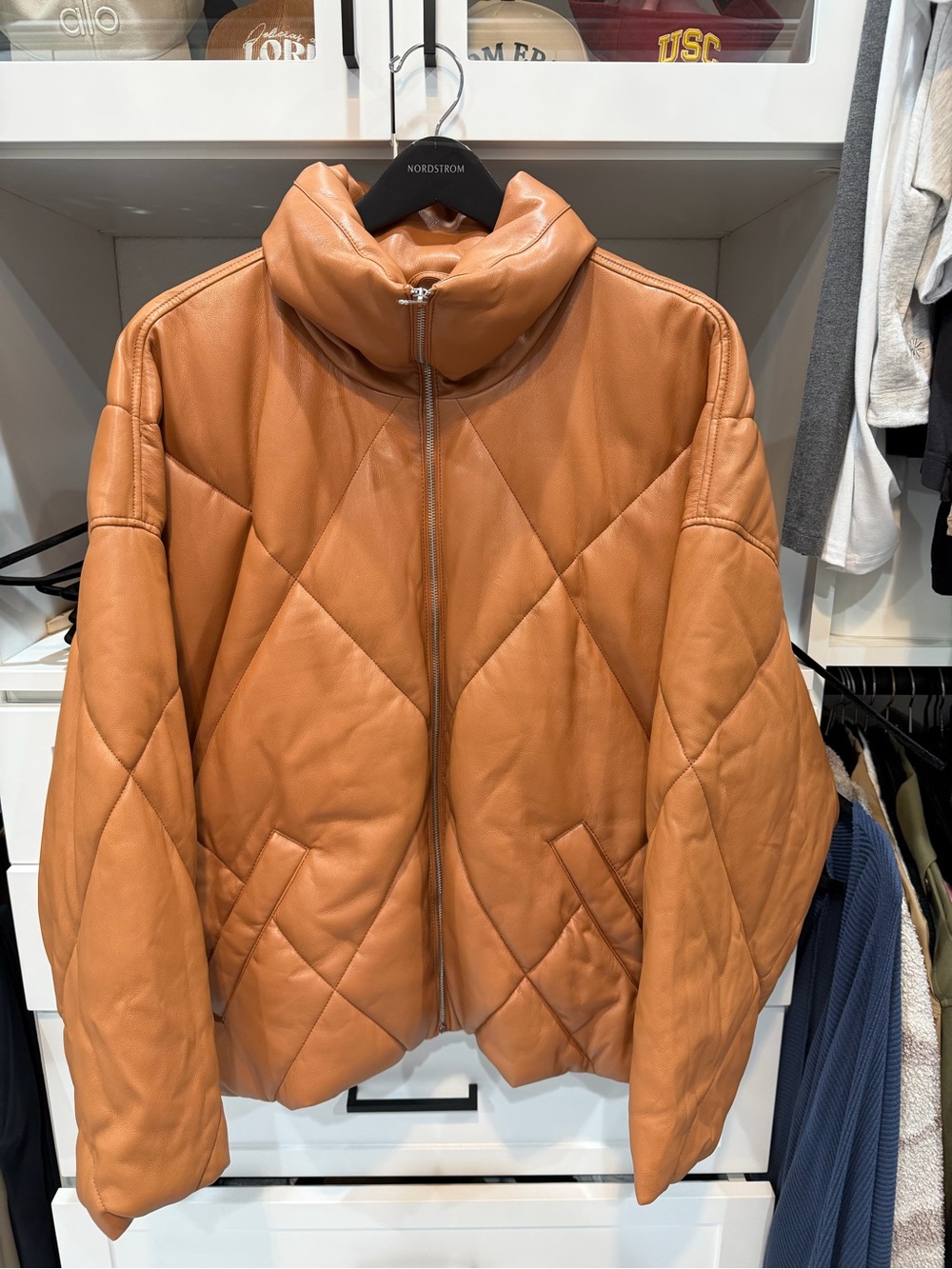 Abercrombie & Fitch Cognac Quilted Leather Puffer Jacket